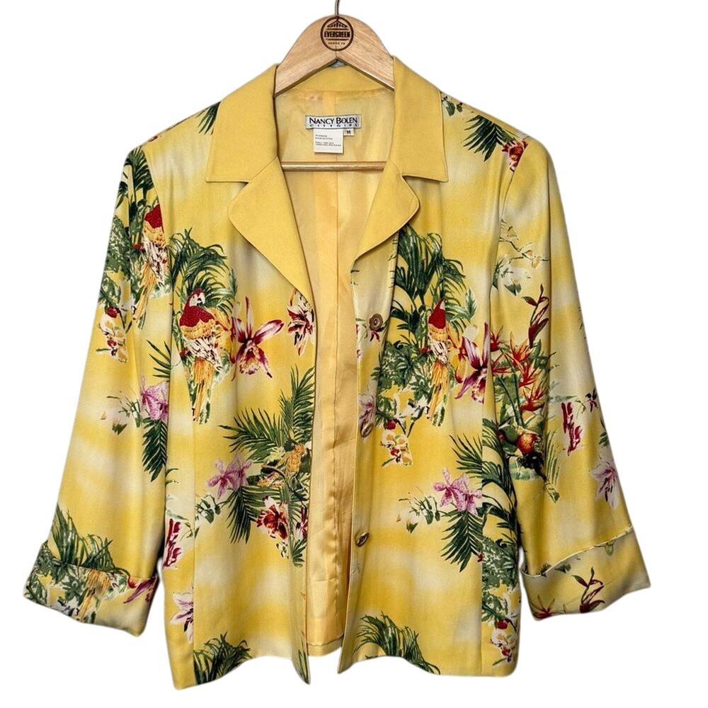 VTG Tropical Blazer 100% Silk Floral Parrot Hawaiian Nancy Bolen Yellow Medium
